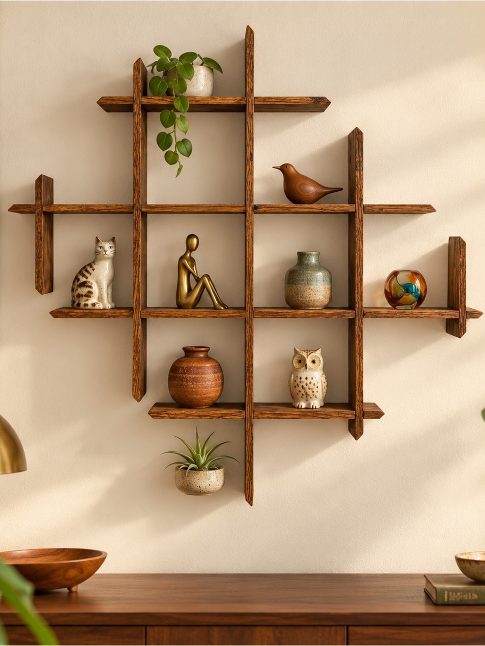 Vintage Geometric Wood Wall Shelf Asymmetrical Cubby Curio Display Boho MCM Deco